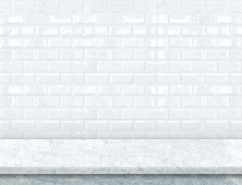 Empty white marble table top with glossy ceramic white tile wall