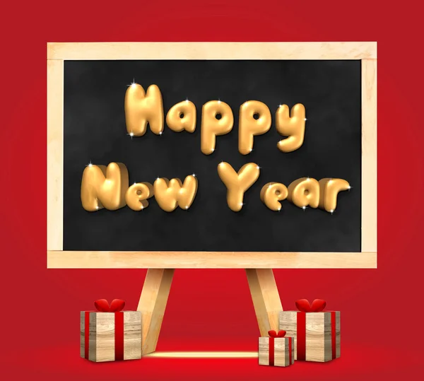 新年あけましておめでとうございます、ea と黒板のギフト ボックス (3 d レンダリング) — ストック写真