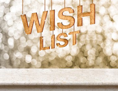 İstek listesi ahşap doku köpüklü bokeh duvar ile mermer tabloda