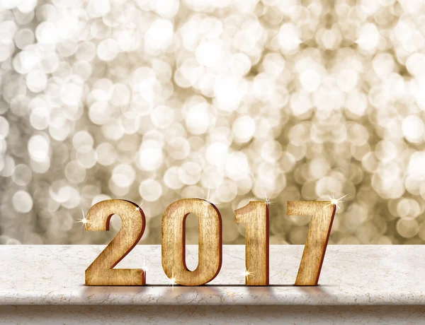 Happy New Year 2017 wood texture on marble table with sparkling — Stock Photo, Image