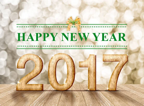 Happy new year 2017 wood number in perspective room with sparkli — Stock Photo, Image