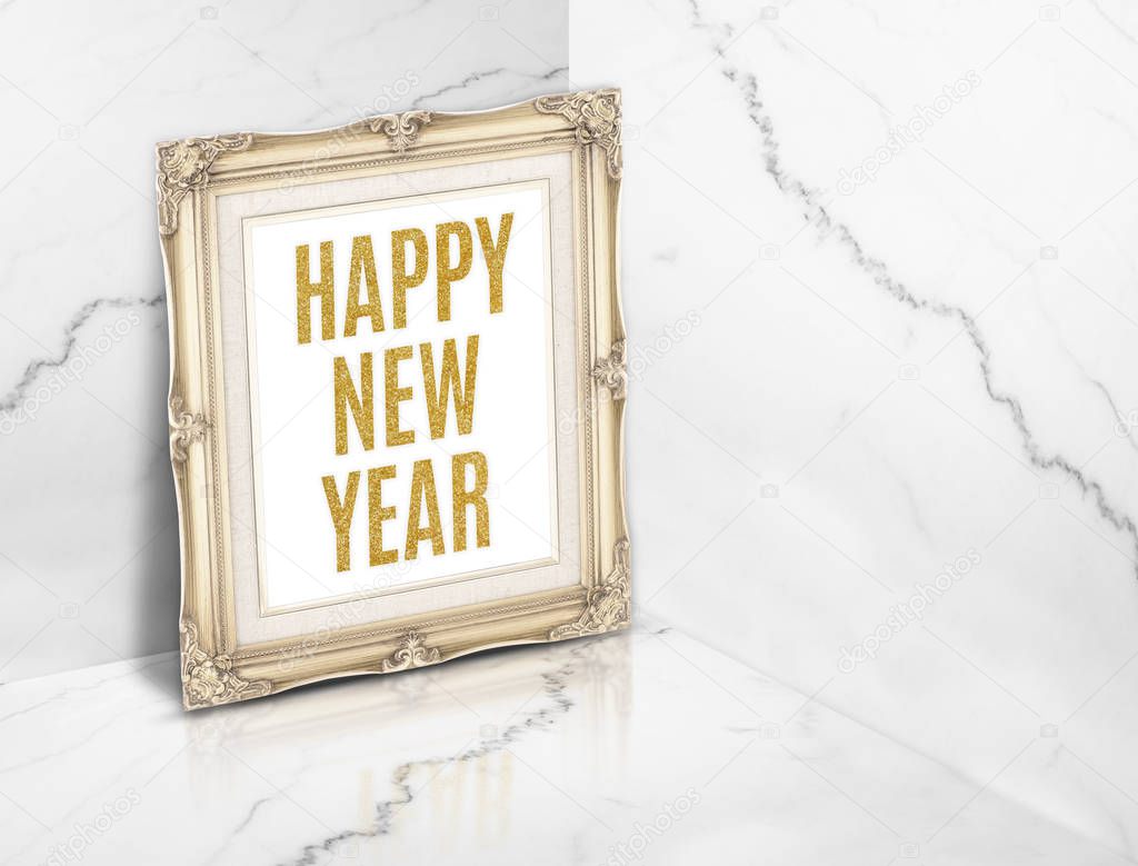 Happy new year word on vintage golden photo frame at white gloss