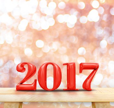Kırmızı 2017 (3d render) yeni yıl ahşap numarası ile ahşap masa üzerinde 