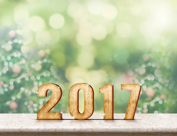 Ano novo 2017 texto vermelho (renderização 3d) pendurado sobre mesa de mármore — Fotografia de Stock