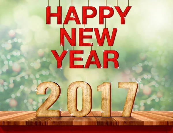 Happy new year 2017 red text (3d rendering) hanging over wood pl — Stock Photo, Image