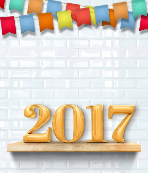 Oro 2017 (3d renderizado) año nuevo en estante de madera con azulejo brillante — Foto de Stock