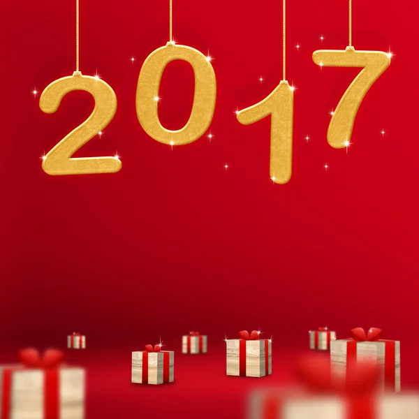 2017 god jul färg hängande på röda studiorum med prese — Stockfoto