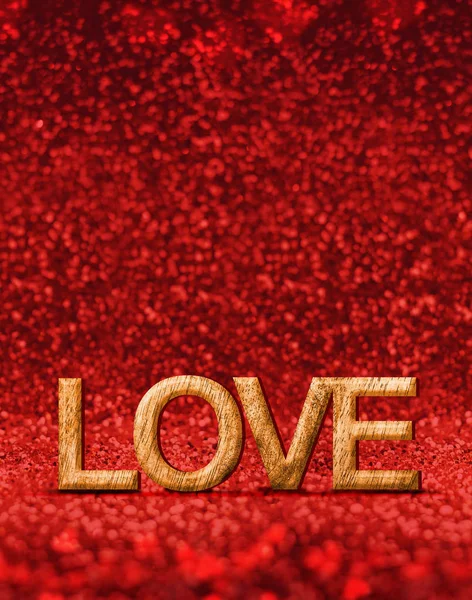 Любовное слово (текстура дерева 3D рендеринг) в красном искрящемся сердце бока — стоковое фото
