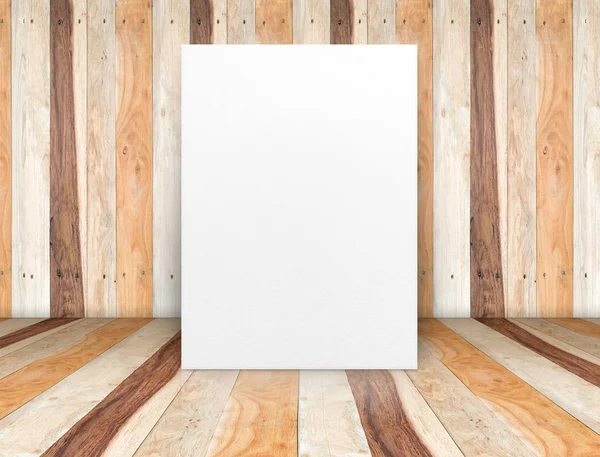 Blank white poster leaning at wooden wall on plank floor,Templat — Stock Photo, Image