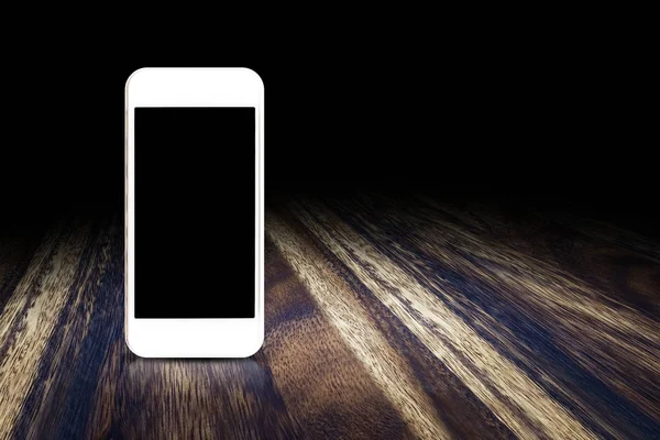 A sötét barna fa padló perspektíva hátterét a mobiltelefon — Stock Fotó