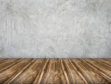 Oda perspektif, grunge gri beton duvar ve ahşap tahta grou