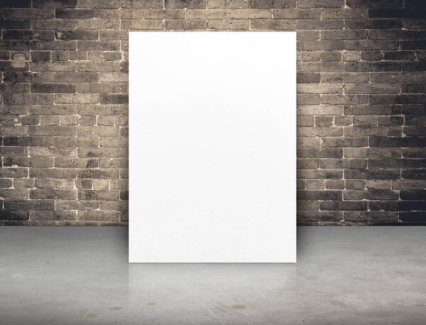 Blank white paper poster at grunge brick wall and concrete floor,Mock up template for adding your content or design,Business presentation.