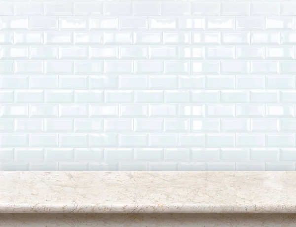 Empty marble table top with glossy ceramic white tile wall,Mock — Stock Photo, Image