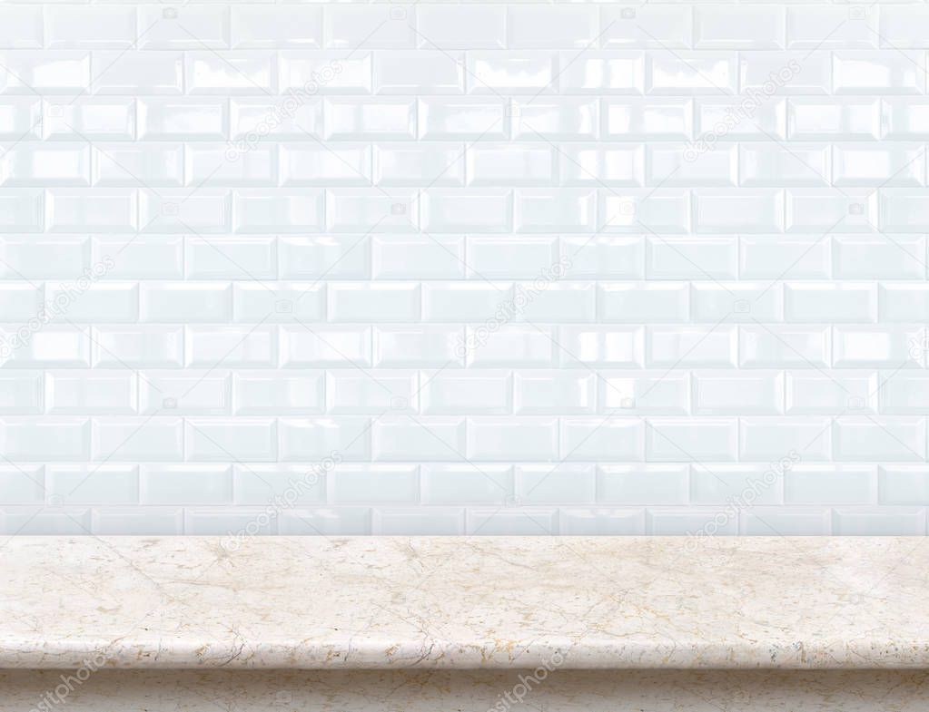 Empty marble table top with glossy ceramic white tile wall,Mock 