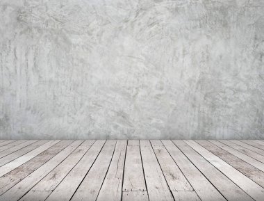 Oda perspektif, grunge gri beton duvar ve ahşap tahta grou