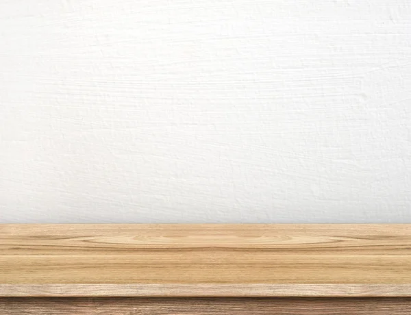 Mesa de madera vacía con pared de hormigón blanco, Mock up para displa —  Fotos de Stock