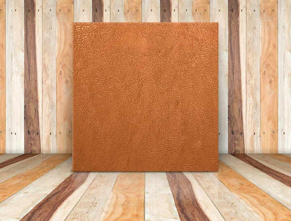 Blank brown leather canvas at wooden plank room,Mock up template