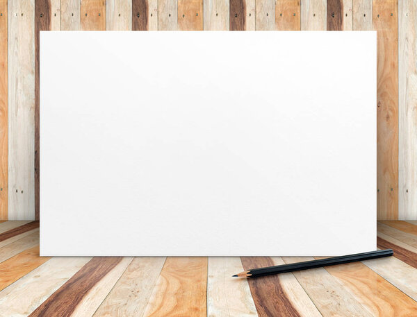 Blank white paper poster with pencil at wooden plank room,Mock up template for adding your content or design,Business presentation.