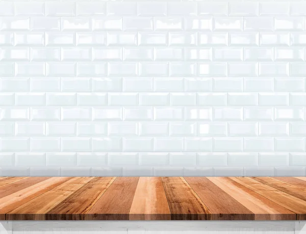 Empty wood plank table top with glossy ceramic white tile wall,M — Stock Photo, Image