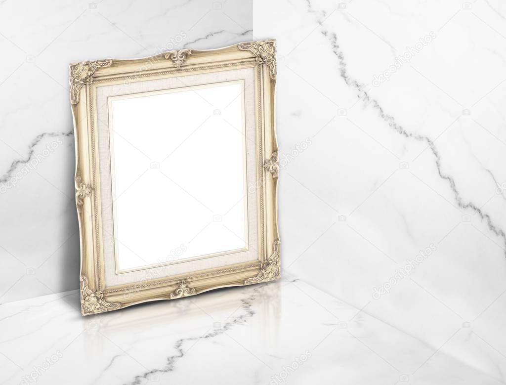 Blank vintage golden photo frame at white glossy marble corner s