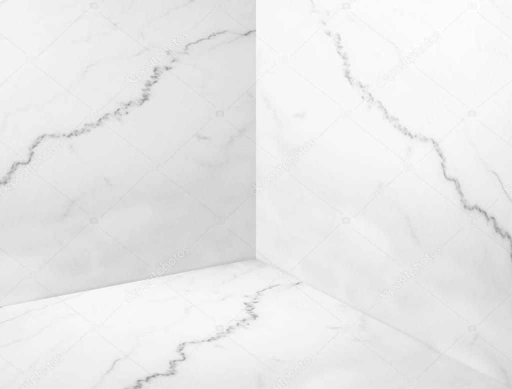 Empty white glossy marble corner studio room background,Mock up 