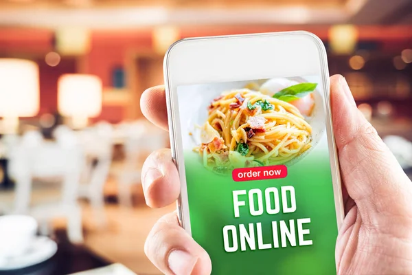 Close up hand holding mobile with order food online word on scre — Stock Photo, Image