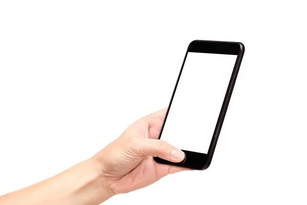 Mano que sostiene el teléfono móvil negro con la pantalla en blanco aislada en wh — Foto de Stock