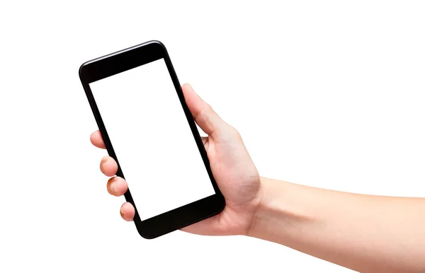 Mano que sostiene el teléfono móvil negro con la pantalla en blanco aislada en wh — Foto de Stock