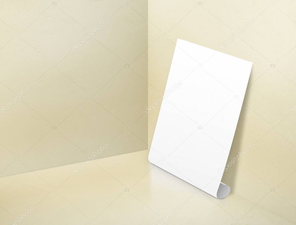 Blank white rolling poster at corner painted pastel yellow color
