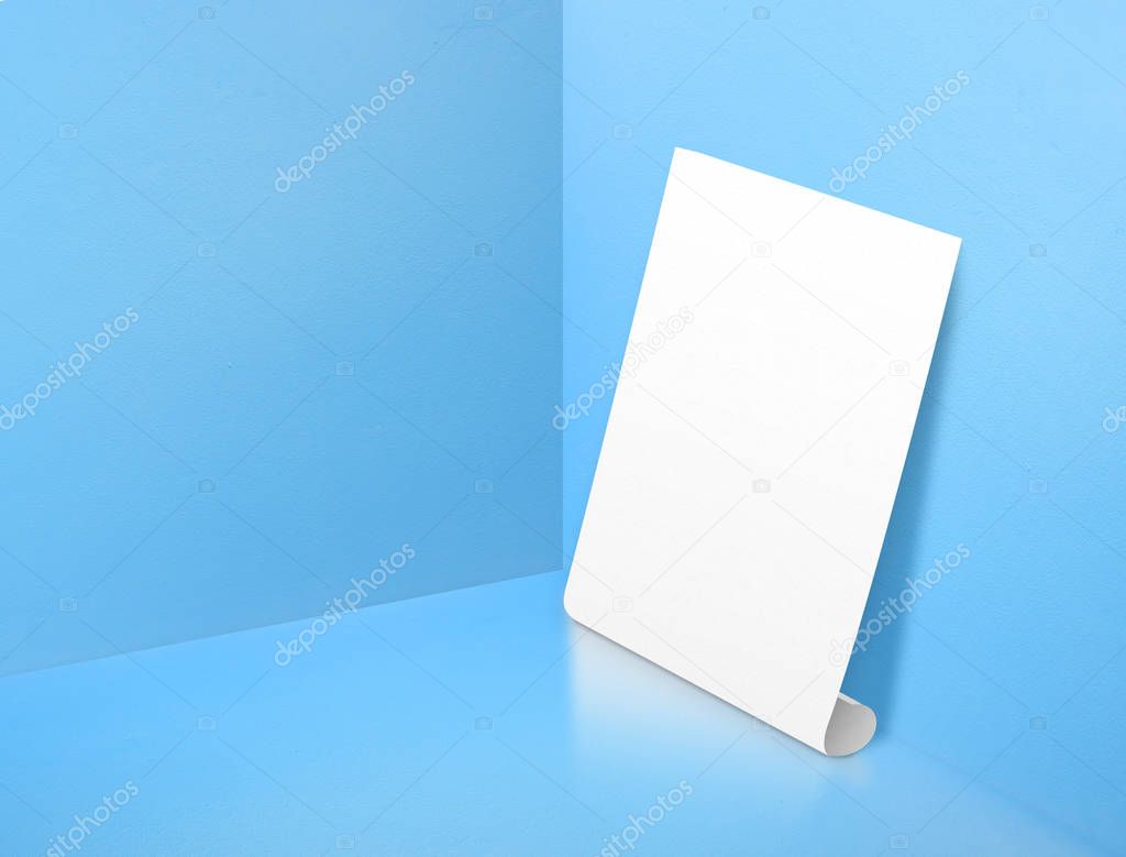 Blank white rolling poster at corner painted pastel blue color s