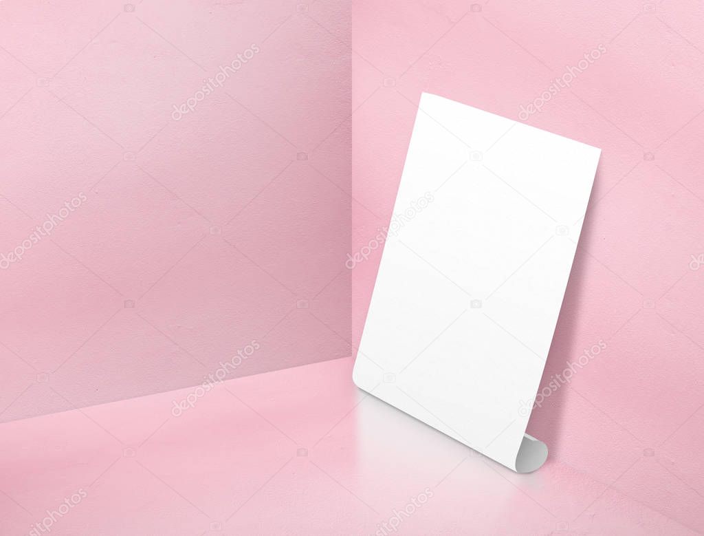 Blank white rolling poster at corner painted pastel pink color s