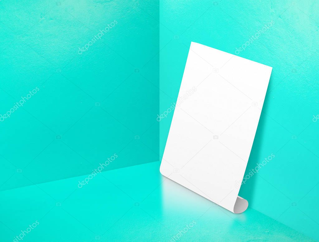 Blank white rolling poster at corner painted pastel turquoise co
