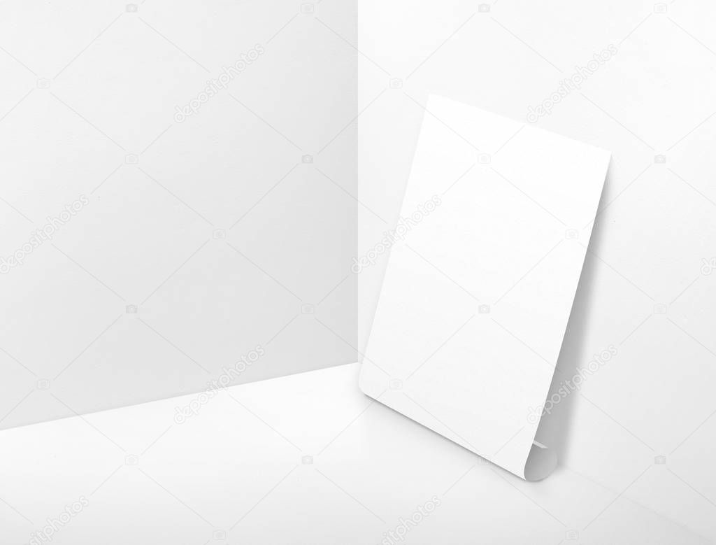 Blank white rolling poster at corner painted white color studio 