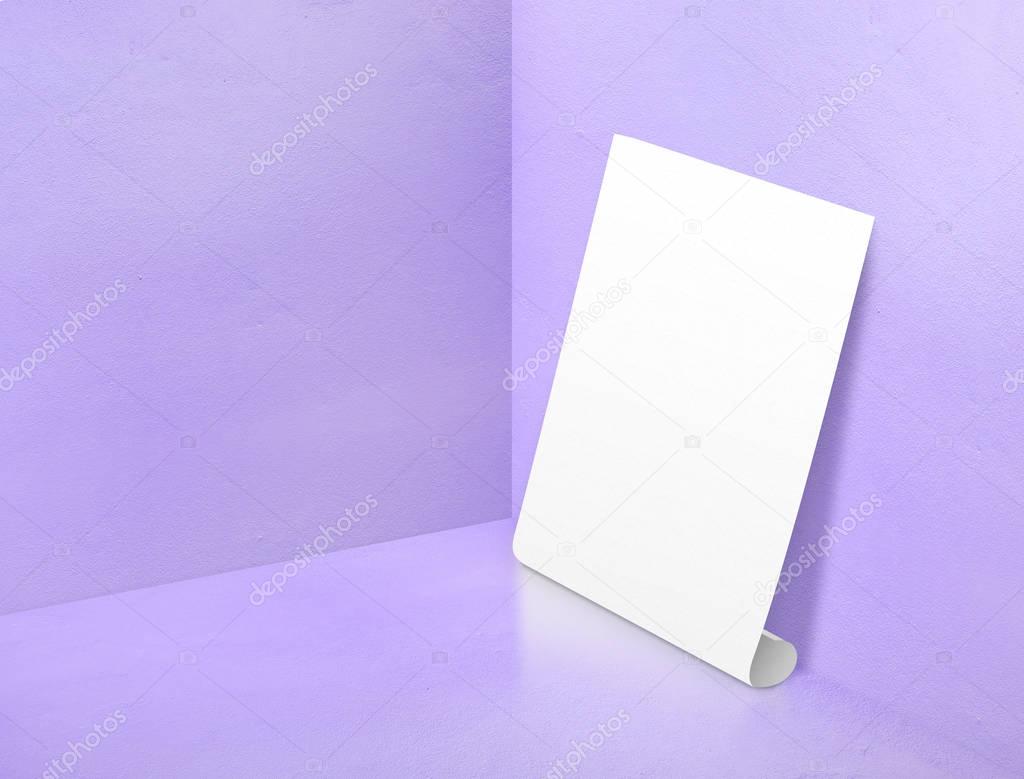Blank white rolling poster at corner painted pastel purple color