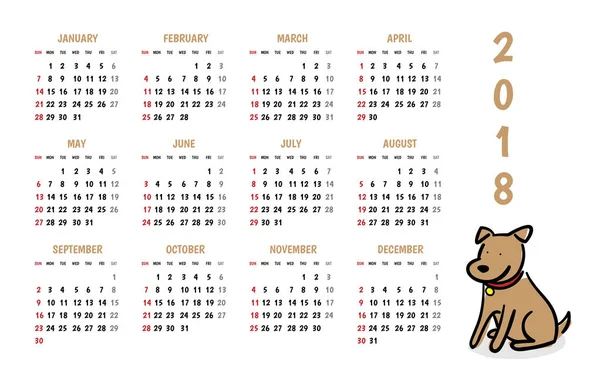 2018 собака Новий рік векторний календар з милим каракулем мультяшний стиль — стоковий вектор