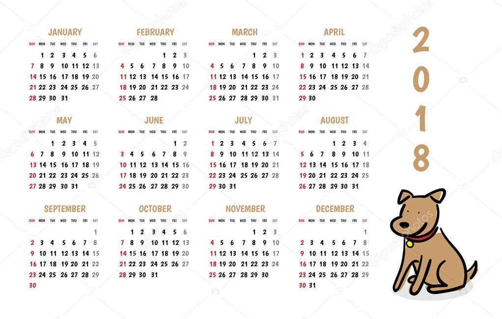 2018 dog new year vector calendar with cute doodle cartoon style