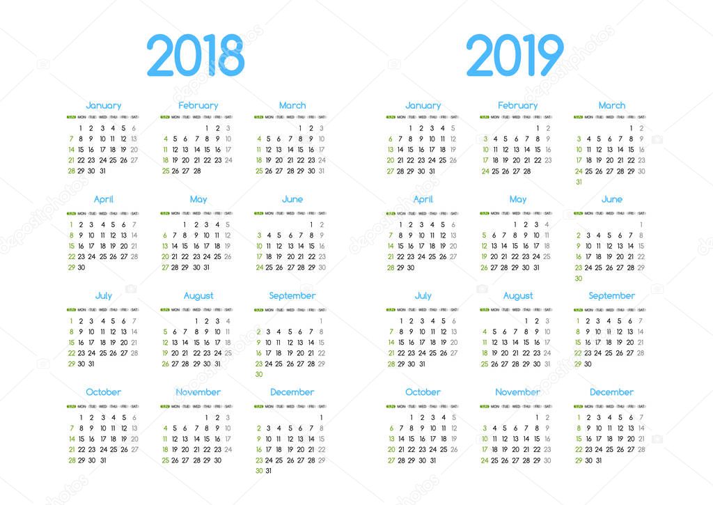 New year 2018 and 2019 vector calendar modern simple design with