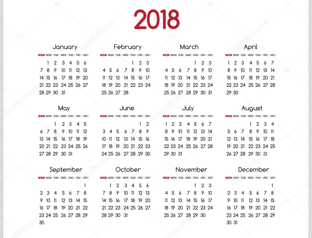 2018 year vector calendar modern simple design with round san se