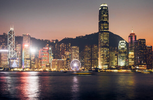 Hong Kong skyline view from kowloon side,colorful night life,cityscape.