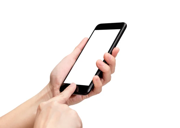 Hand holding black mobile phone and touch on button with blank s — Stock Photo, Image
