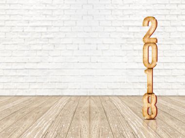 Mutlu yeni yıl 2018 ahşap numarası (3d render) perspektif içinde wo