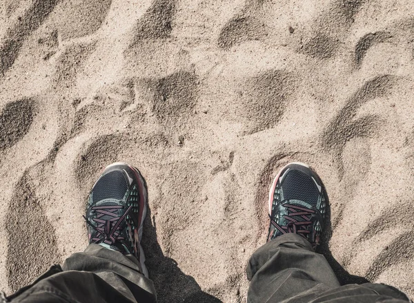 Aerial view of shoe standing on sand,Leave space for adding text — Stock Photo, Image