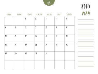 Vektör takvim 2018 ile basit temiz tablo stilinde (Mayıs)