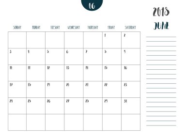 Takvim basit temiz tablo stili zekâ 2018 (Haziran) vektör