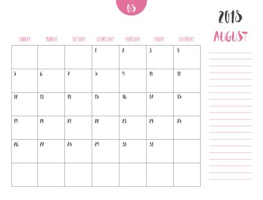 Vektör takvim 2018 (basit temiz tablo stili w Ağustos)