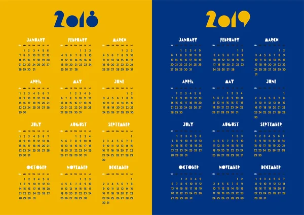 Nowy Rok 2018 r. i 2019 wektor kalendarz nowoczesne, proste, żywe kolory — Wektor stockowy