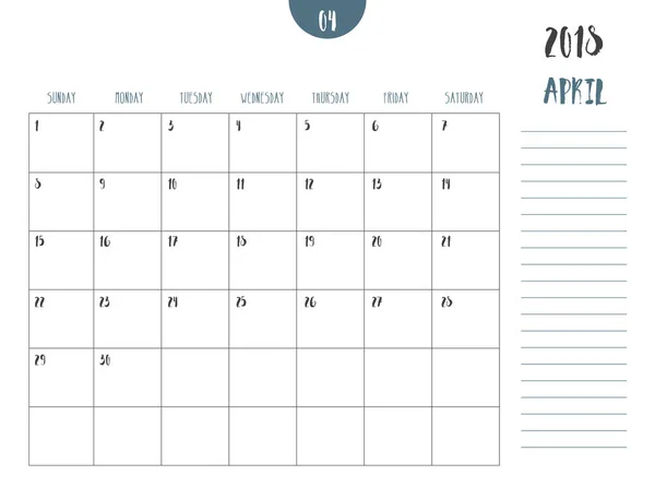Vector del calendario 2018 (abril) en estilo de tabla limpia simple wi — Vector de stock