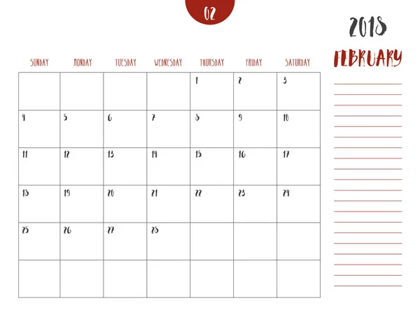 Vetor de calendário 2018 (fevereiro) em estilo simples tabela limpa — Vetor de Stock