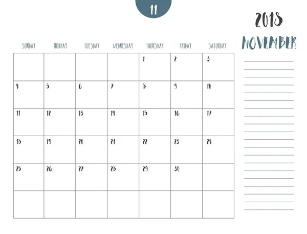 Vetor de calendário 2018 (novembro) em estilo simples tabela limpa — Vetor de Stock
