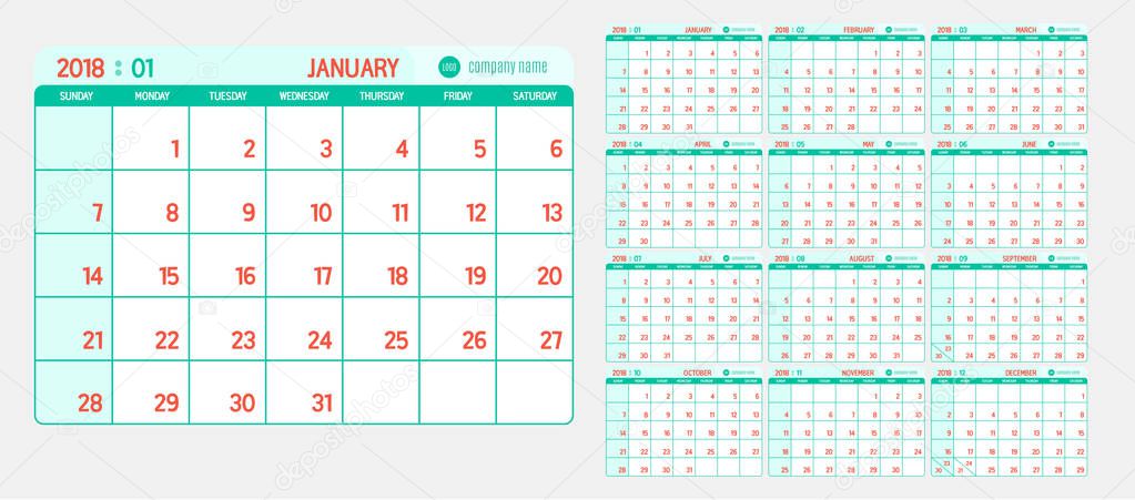Vector of Calendar 2018 new year with light vintage green and re